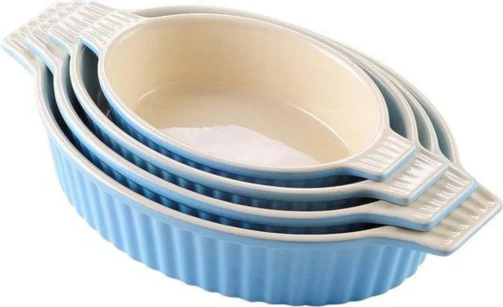 Plat de cuisson bleu en porcelaine, service de 4 pièces idéal pour repas