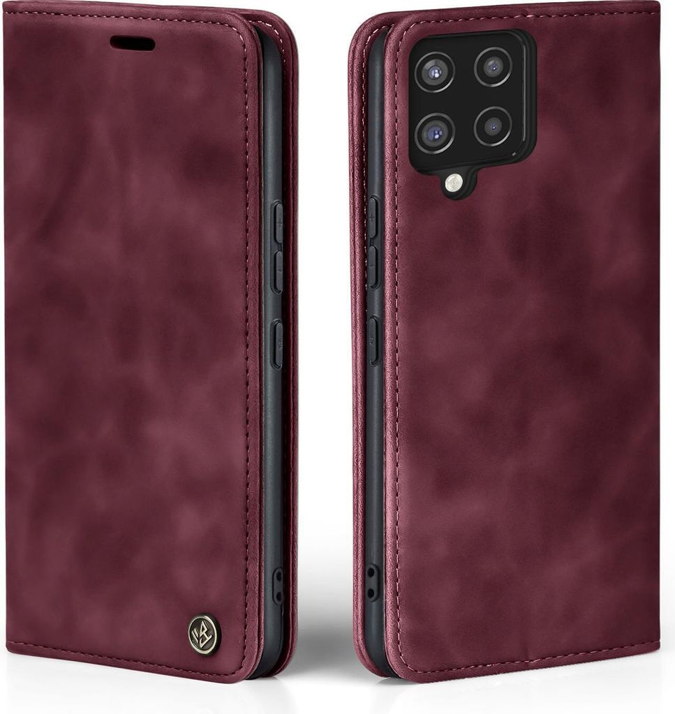 A burgundy flip case for a smartphone is shown from two angles.