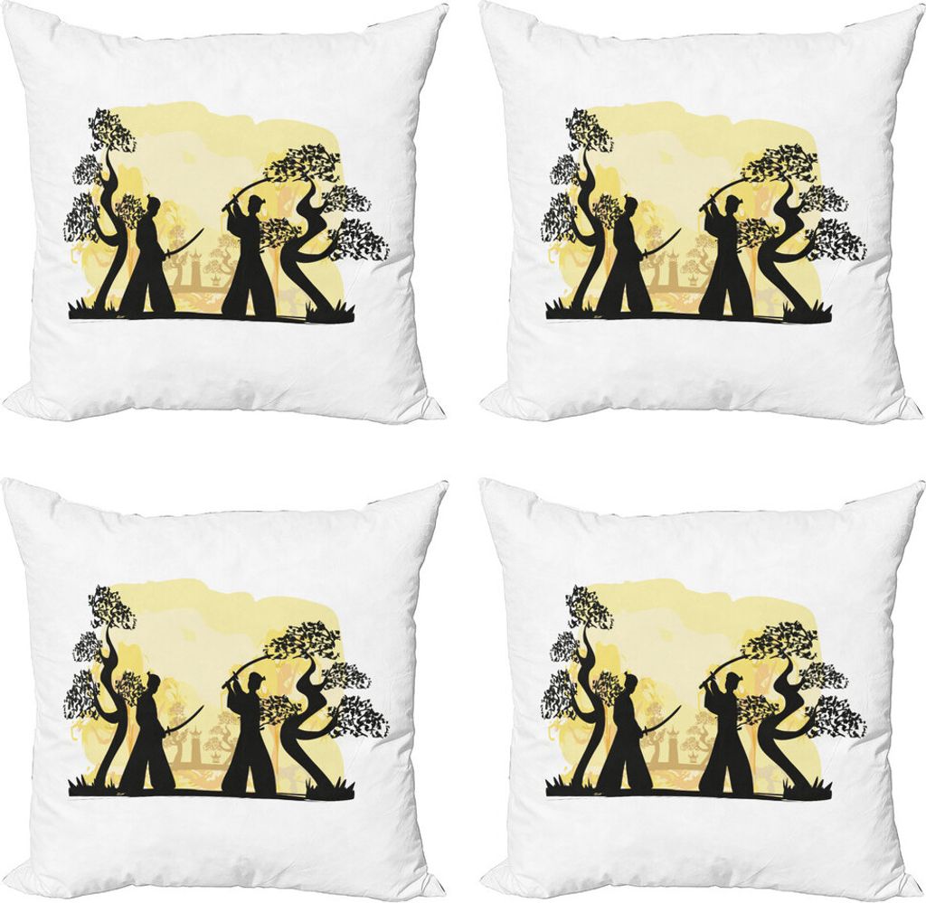 ABAKUHAUS Samurai Kissenbezug Set (4 Stück), Orientalische Auslegung, Moderner Doppelseitiger Digitaldruck, 40 cm x 40 cm, Schwarz und Blassgelb