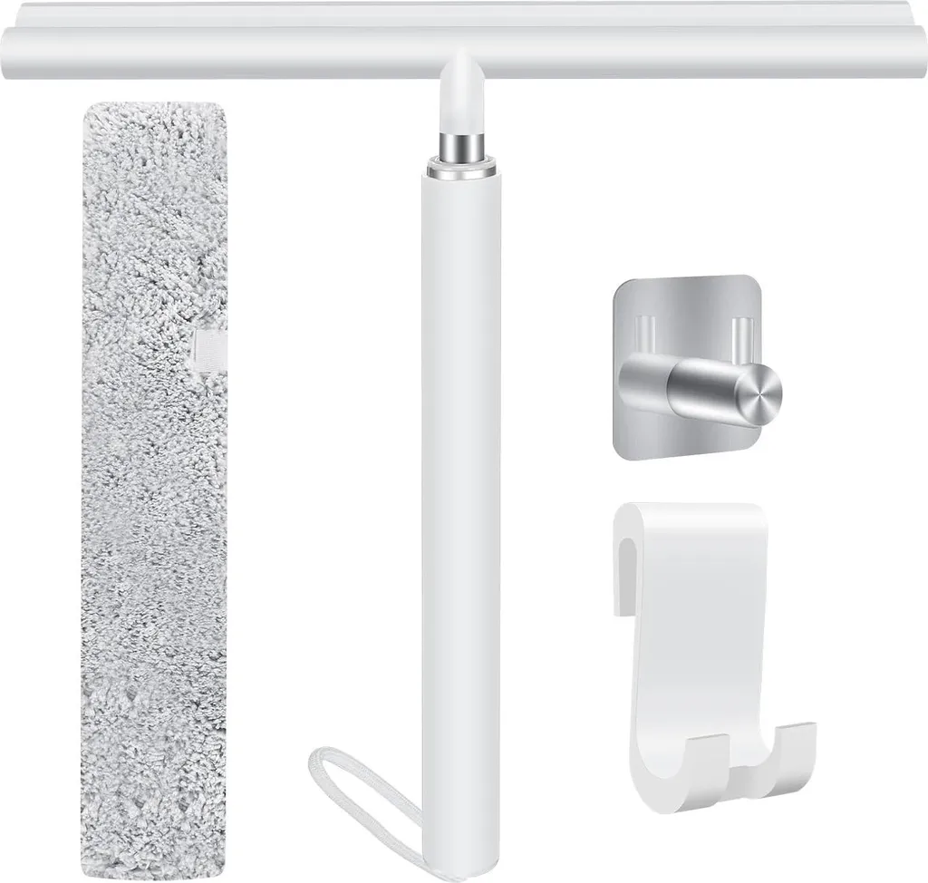 Raclette de douche réglable avec crochet blanc pour vitre de salle de bain