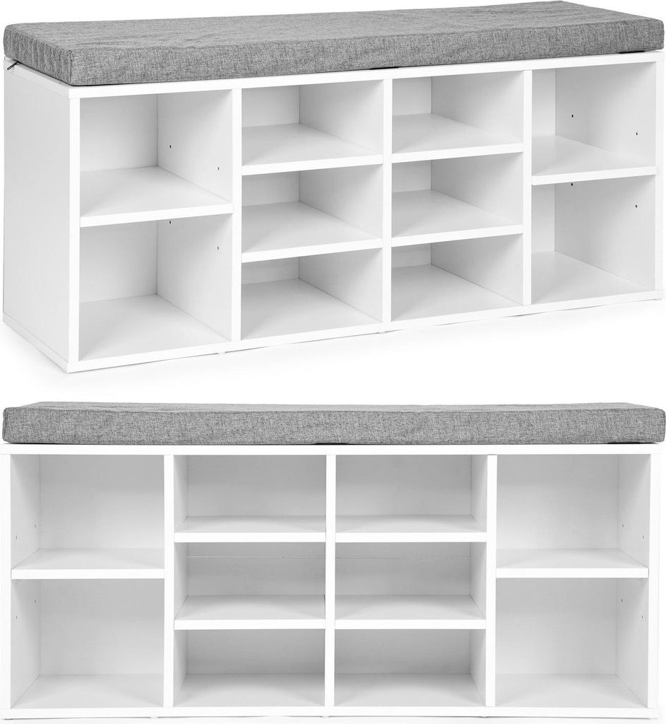 Schuhschrank mit grauem Kissen, 10 Einlegeböden weiß