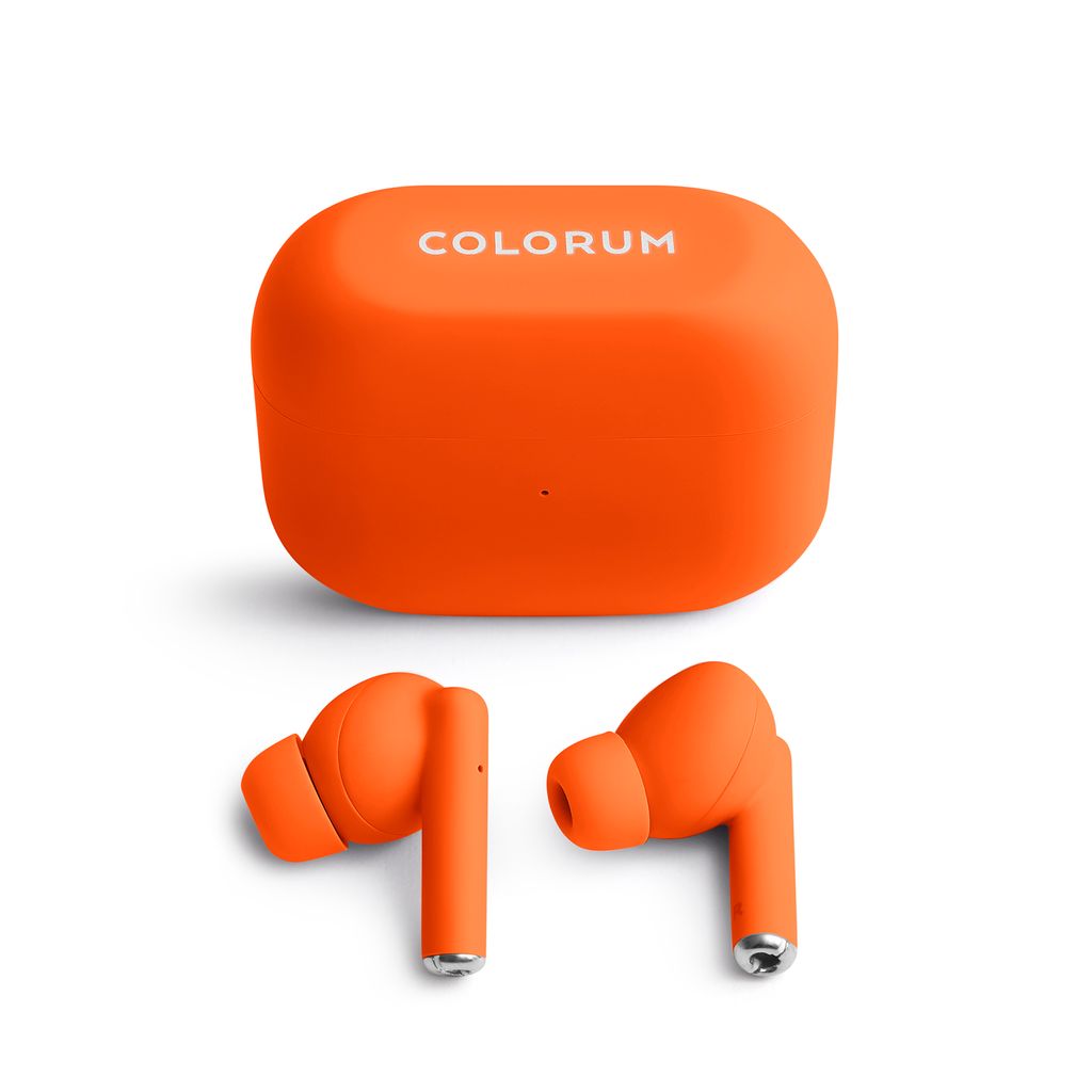 An orange charging case and two orange wireless earbuds are displayed against a white background.