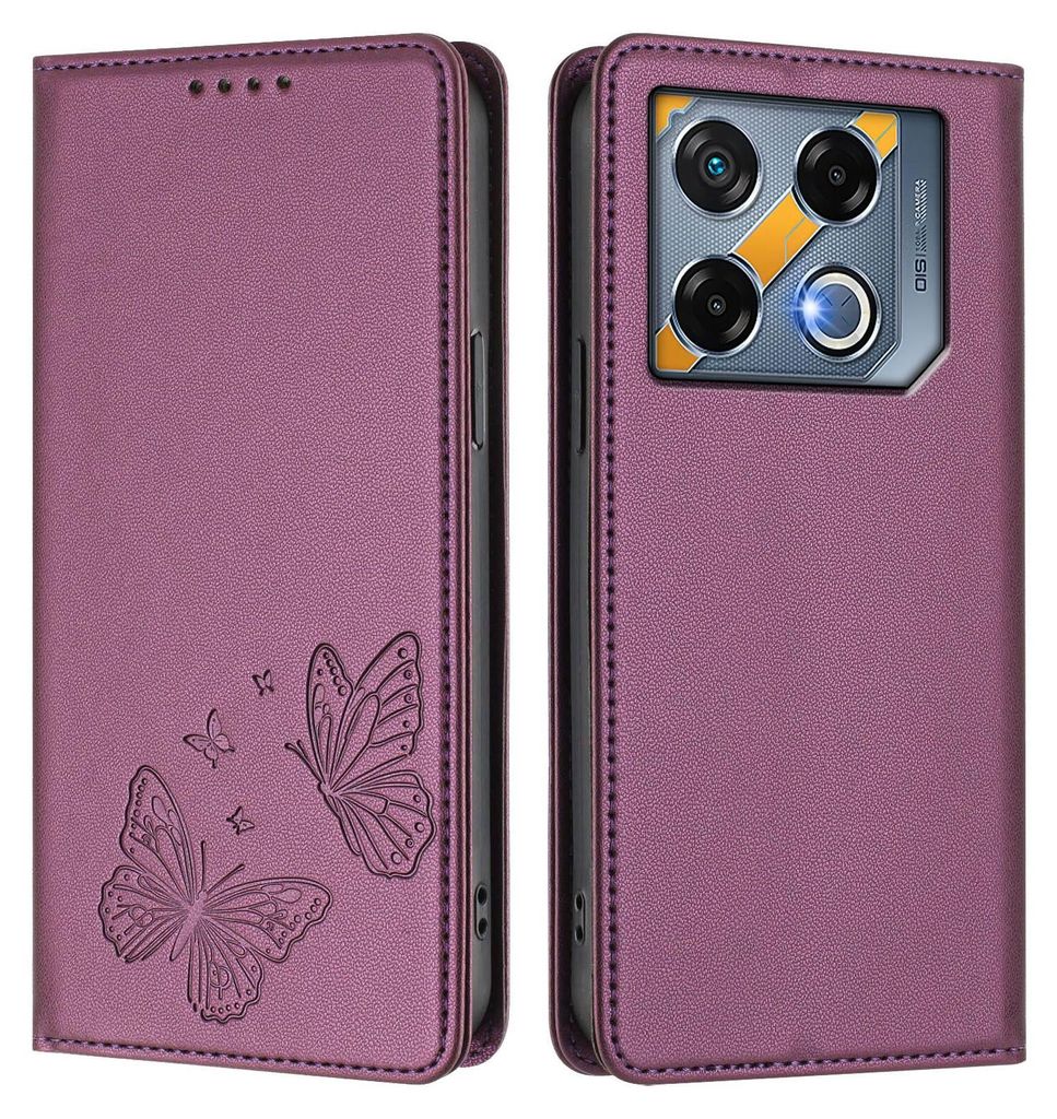 Lederhülle für Infinix GT 20 Pro 5G, Schmetterling Prägung Leder Brieftasche Schutzhülle mit Ständer Lila