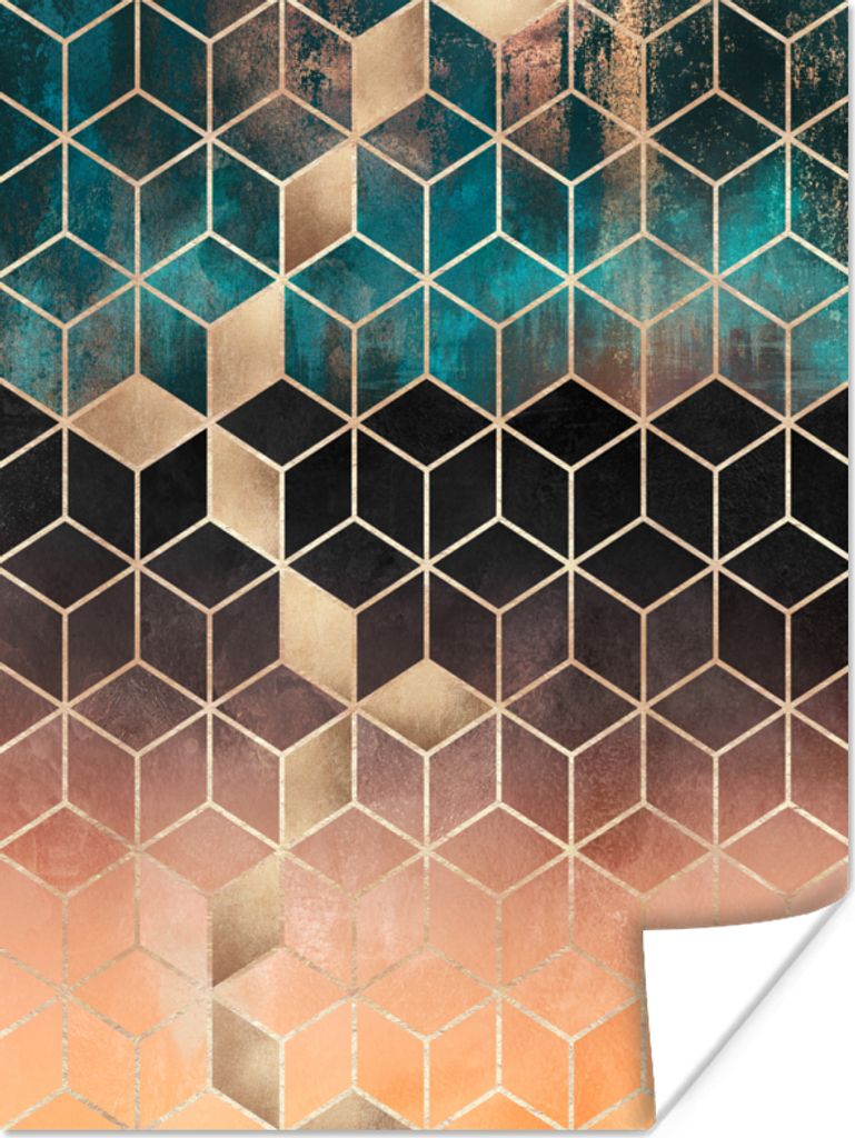 MuchoWow Poster Abstrakt - Würfel - Gold - Muster - Luxus 60x80 cm - Schlafzimmer Dekoration