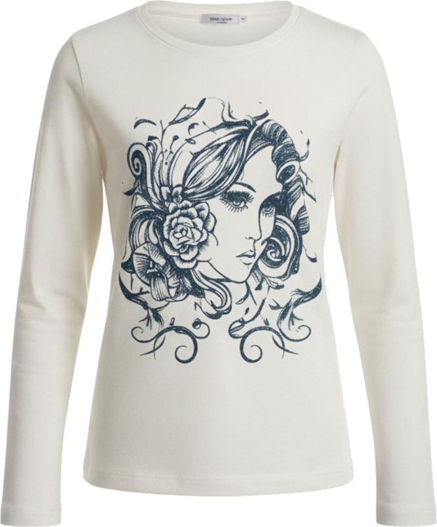 Mädchen Langarmshirt Creme | Glitzerprint Gesicht & Blumen | Gr. 140