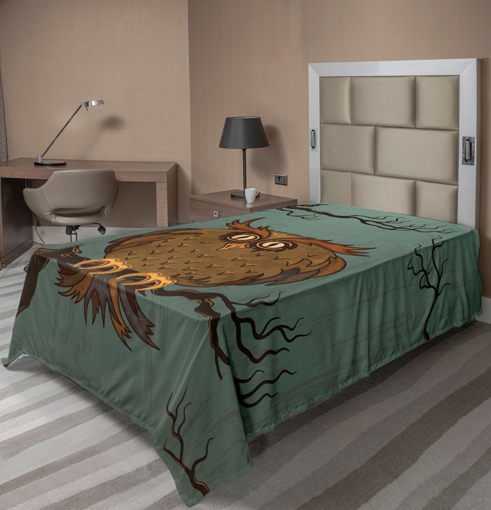 ABAKUHAUS Eule Bettlaken, Müde Eule Des Erschöpften Katers In Der Eiche Mit Augenbrauen Karikatur Lustiger Grafik, weiches bequemes oberes Bettla...