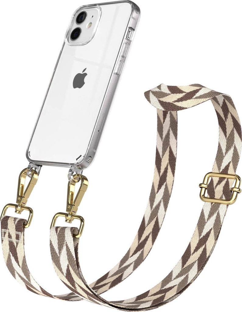 EAZY CASE Handykette - Verstellbarer Trageriemen kompatibel mit Apple iPhone 12 Mini, Handykordel mit transparenter Silikon-Hülle, Karabiner Gold,...