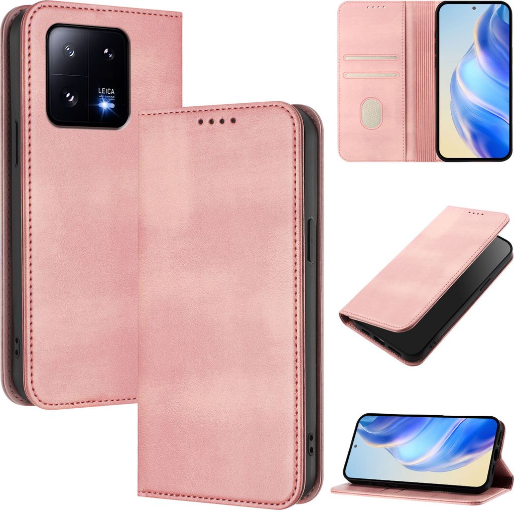 Handyhülle für Xiaomi 13 Pro, Vintage Leder RFID Schutz Kartenfach Standfunktion Magnetische Klapphülle Pink