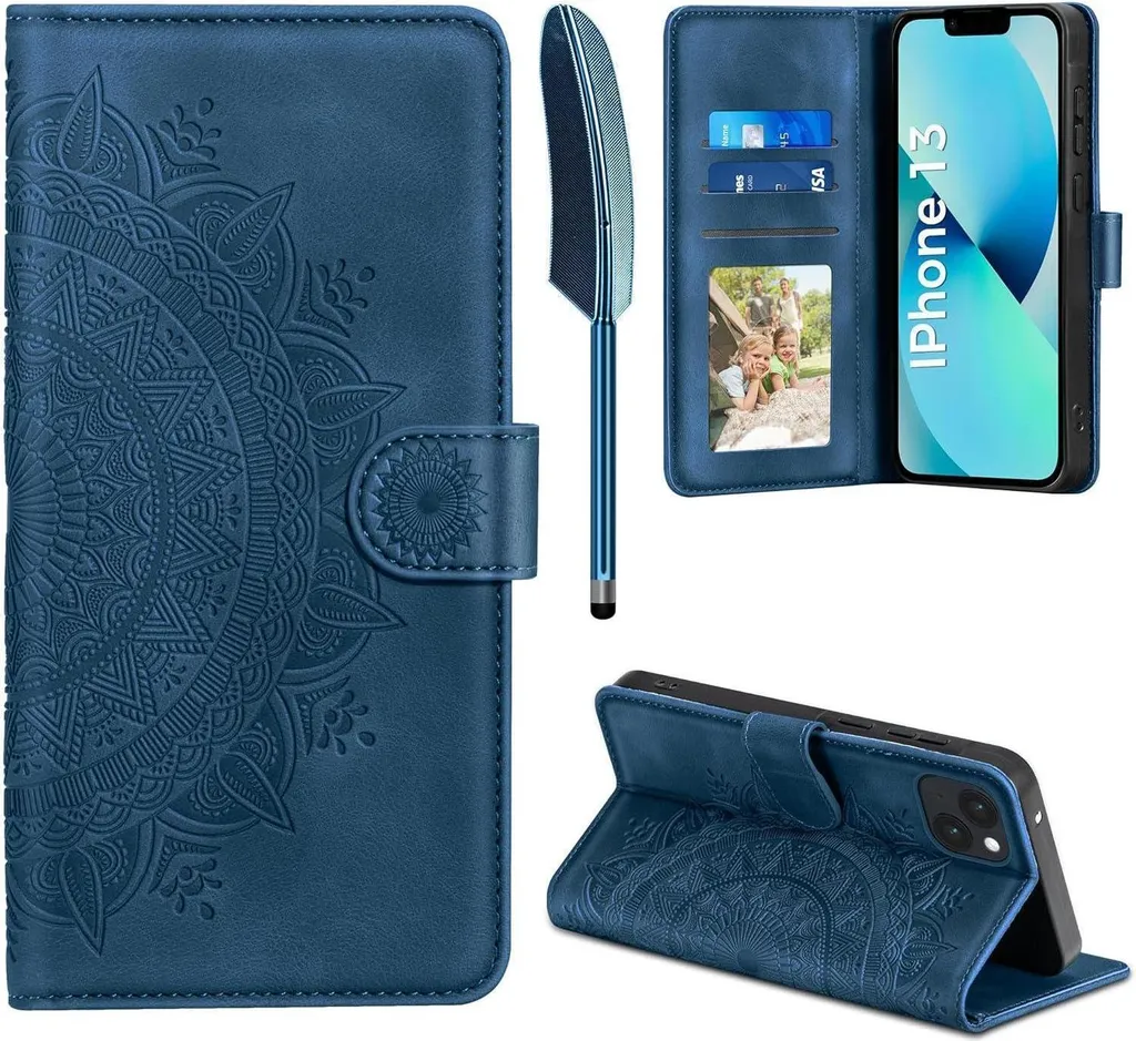 Protection iPhone 13 Anti-Choc et Rayures : Étui Cuir Complet Bleu