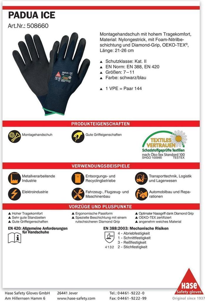 Hase Padua ICE Sicherheitshandschuhe Nitril-Beschichtung und Diamond Grip Gr. 10