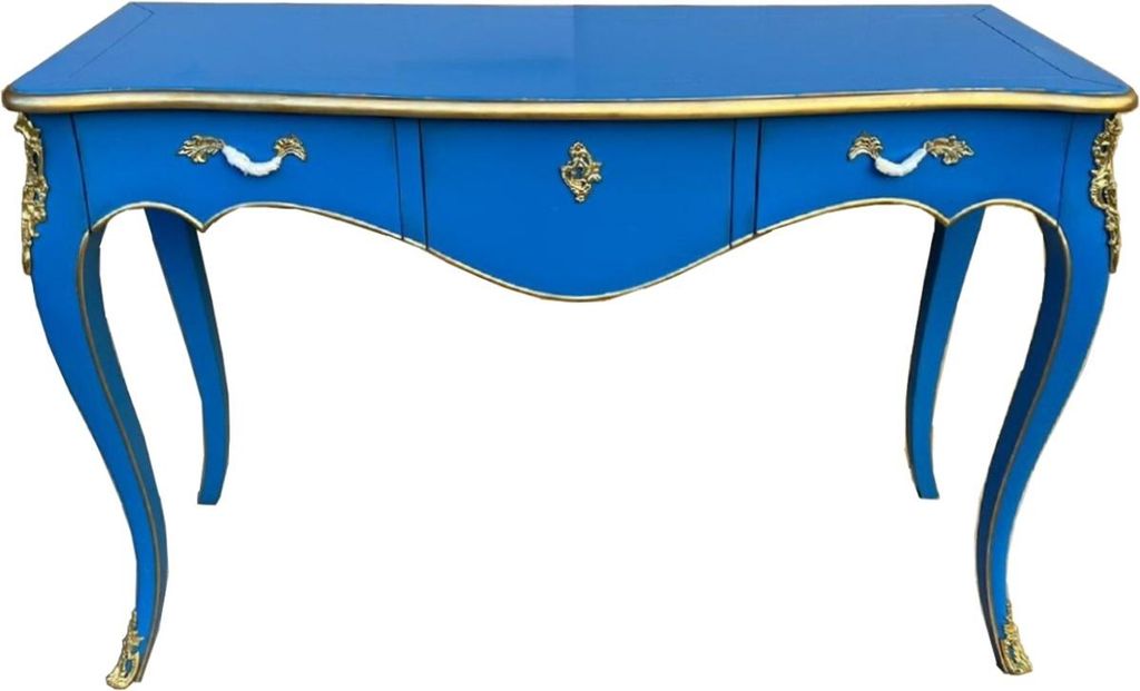 Casa Padrino Barock Sekretär mit 3 Schubladen Blau / Gold - Handgefertigter Massivholz Schreibtisch im Barockstil - Barock Büro Möbel
