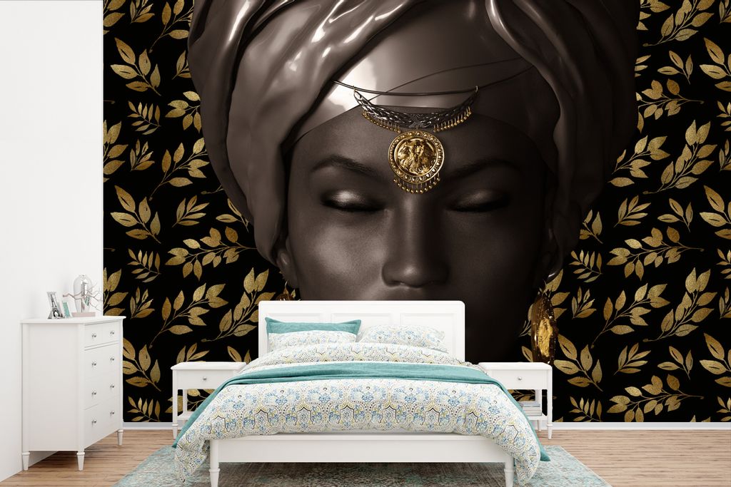 MuchoWow Fototapete für Wohnzimmer oder Schlafzimmer Wandtapete Vinyl Motivtapete Frau - Laub - Schwarz - Weiß - 360x240 cm - Vinyl-Tapete