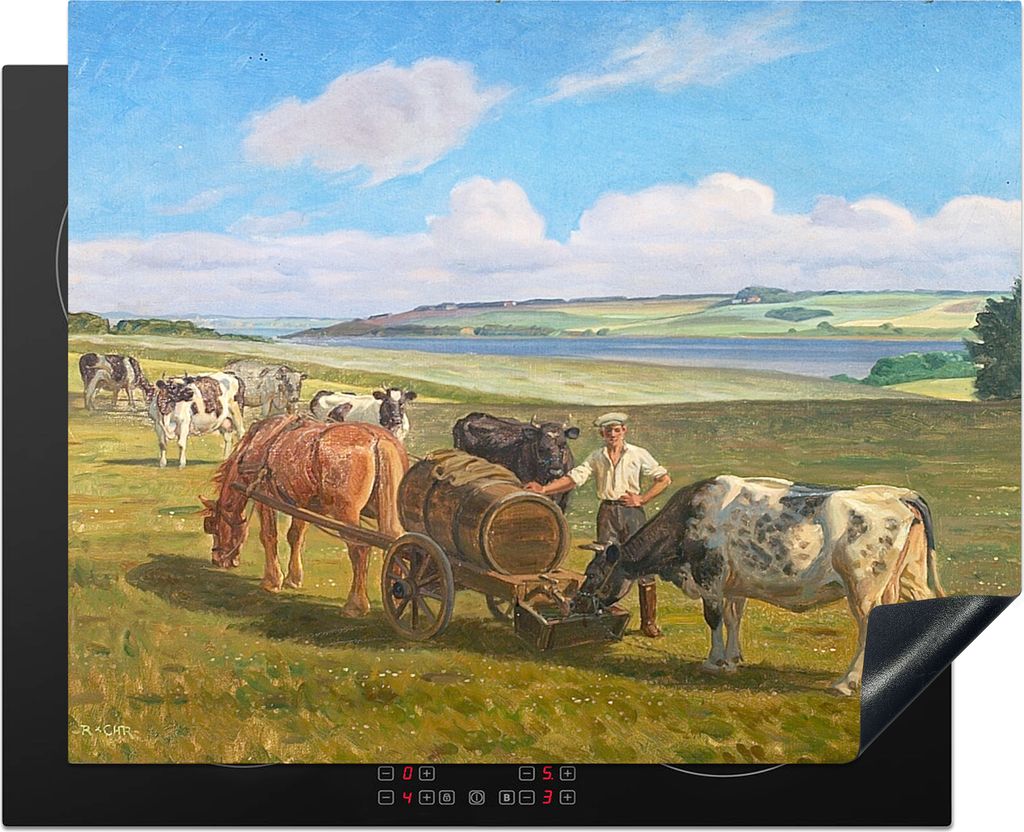 KitchenYeah Herdabdeckplatte Ein Bauer mit einem Wasserwagen schaut auf sein Vieh - Gemälde von Rasmus Christiansen , 65x52cm, Küche Deko, Glas...