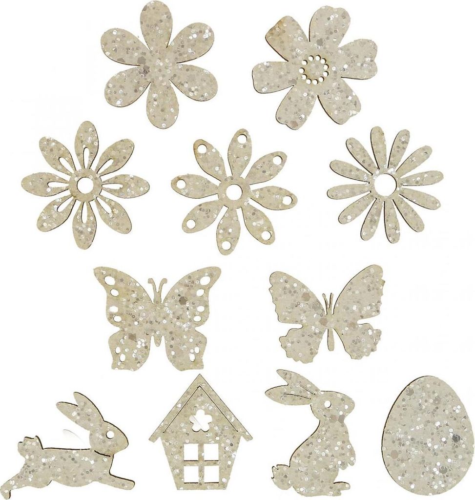 Streudeko Holz Weiß Frühling Ostern Tischdeko Bastelmaterial Hasen Schmetterlinge, 64 Stk, 64 Stück