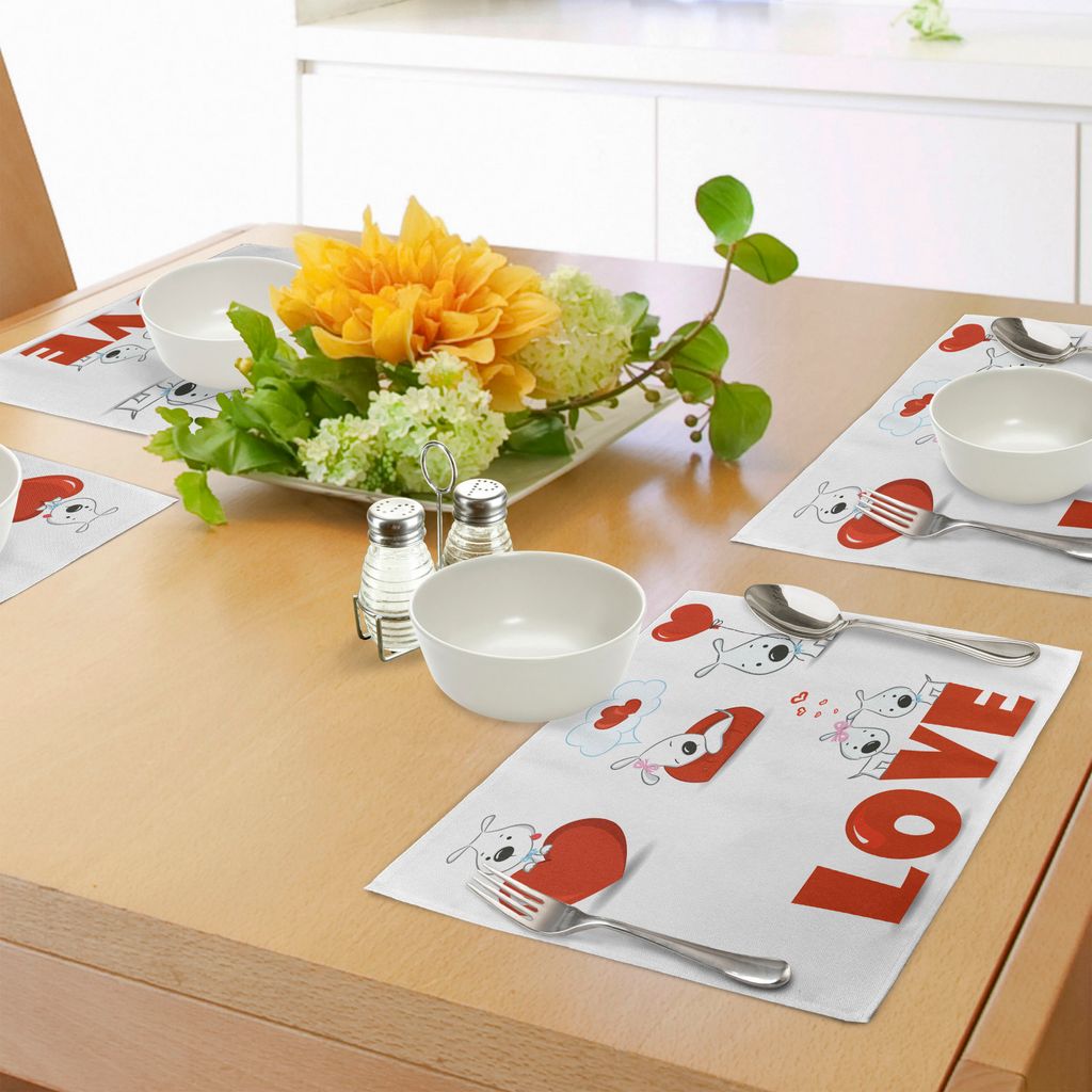 ABAKUHAUS Valentinstag Platzmatten, Puppy Love mit Herzen und Hunde Sein und Herz-Ballon romantischen Print, Tiscjdeco aus Farbfesten Stoff für da...