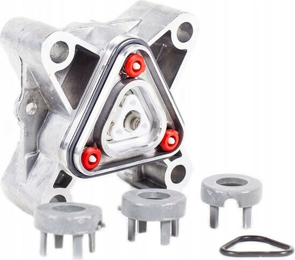A close-up studio shot of a pump head component and its accessories against a white background.
