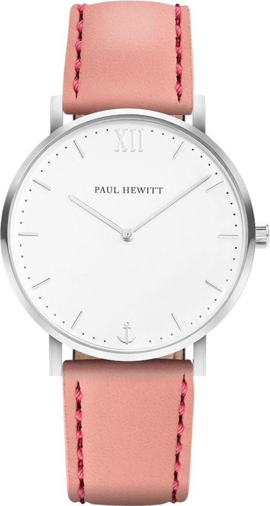 Paul Hewitt Quarz Uhr mit 39mm Edelstahlgehäuse, Rosa-weißem Zifferblatt und Lederarmband