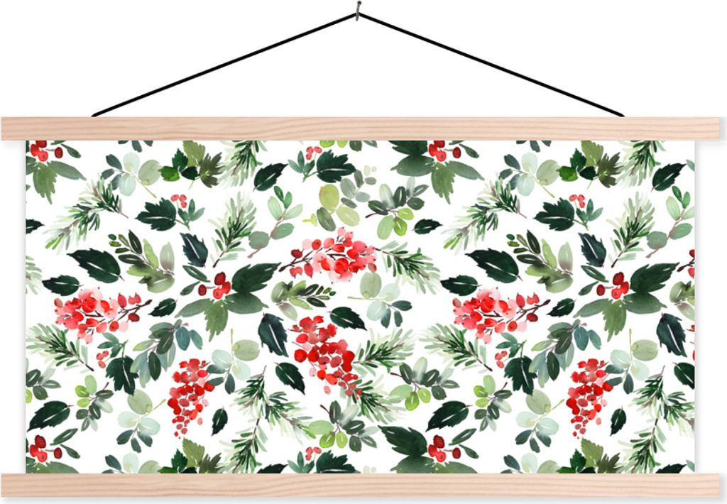 MuchoWow Textilposter Weihnachten - Aquarell - Mistelzweig 120x60 cm mit holzfarbenen Rahmen - Klemmleiste