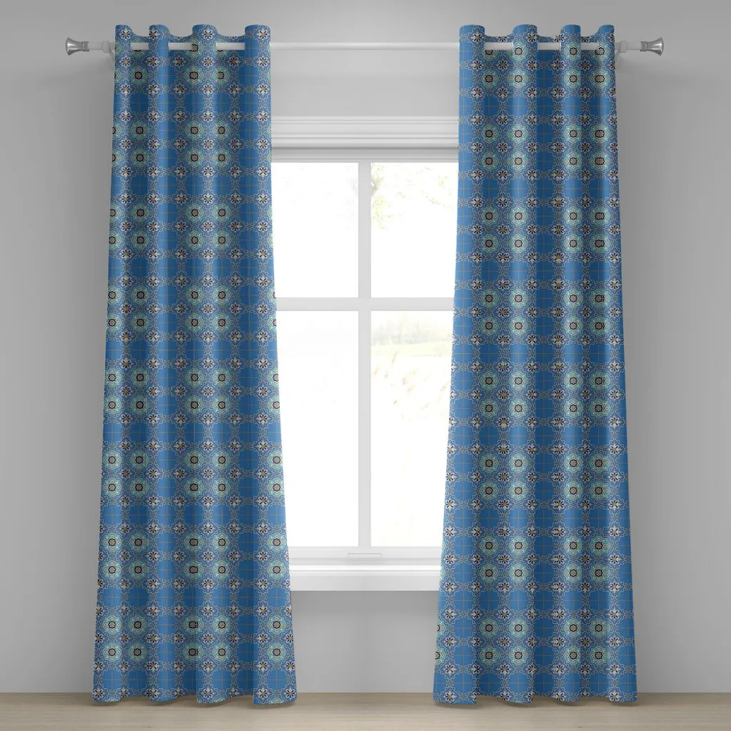Paire de Rideaux Style Patchwork Bleu Aqua et Motifs Floraux 280 cm
