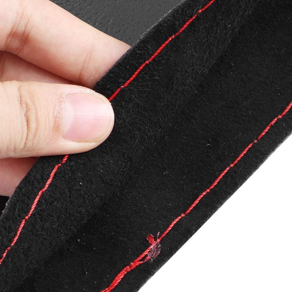 15 Zoll Autosteuhrbezug aus Premium-Leder mit Relief - Weiche DIY-Handstich - Nadel und Faden - Universell für Auto, Lkw, SUV - Schwarz Rot
