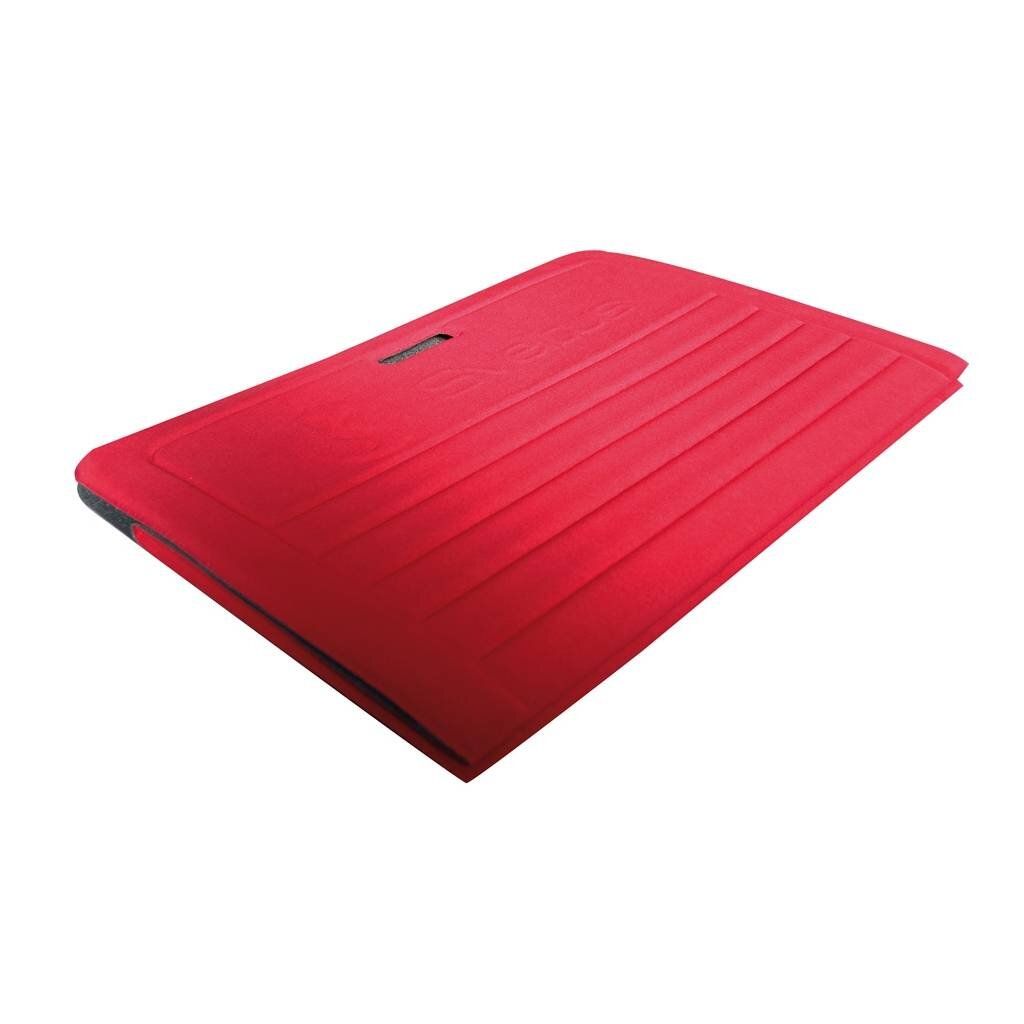 A red folding mat is shown from a diagonal angle against a white background.
