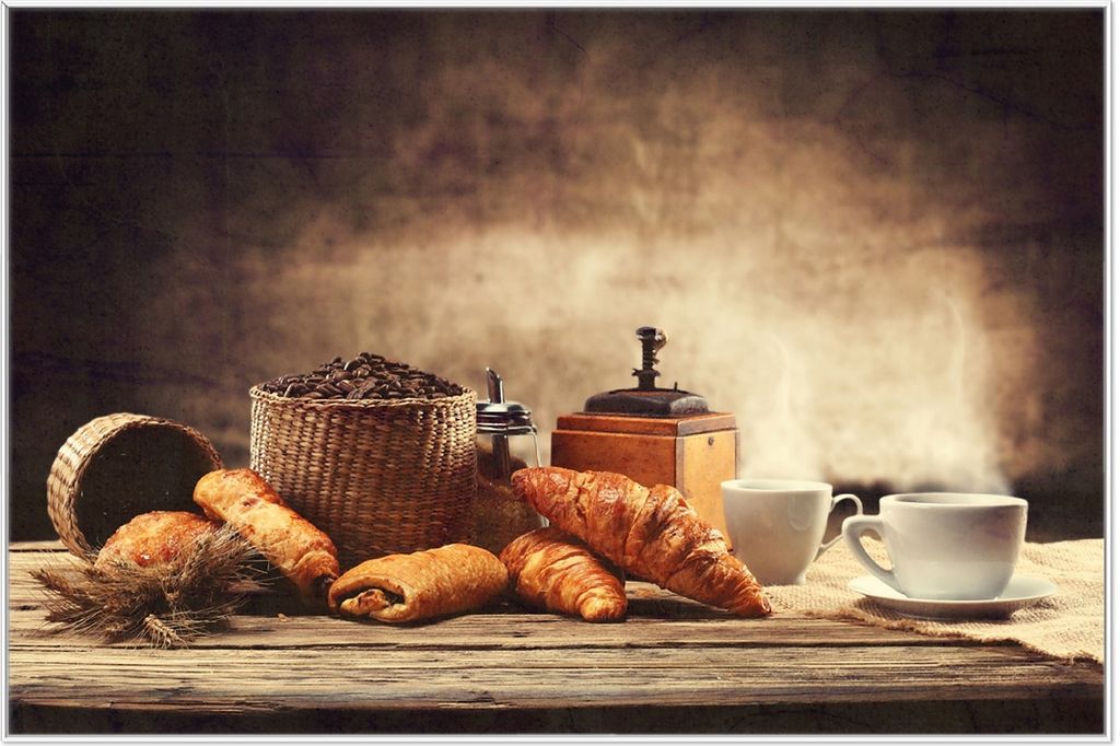 Wallario Wandbild Französisches Frühstück mit Café und Croissants, Größe: 61 x 91,50 cm, Poster mit weißem Aluminiumrahmen