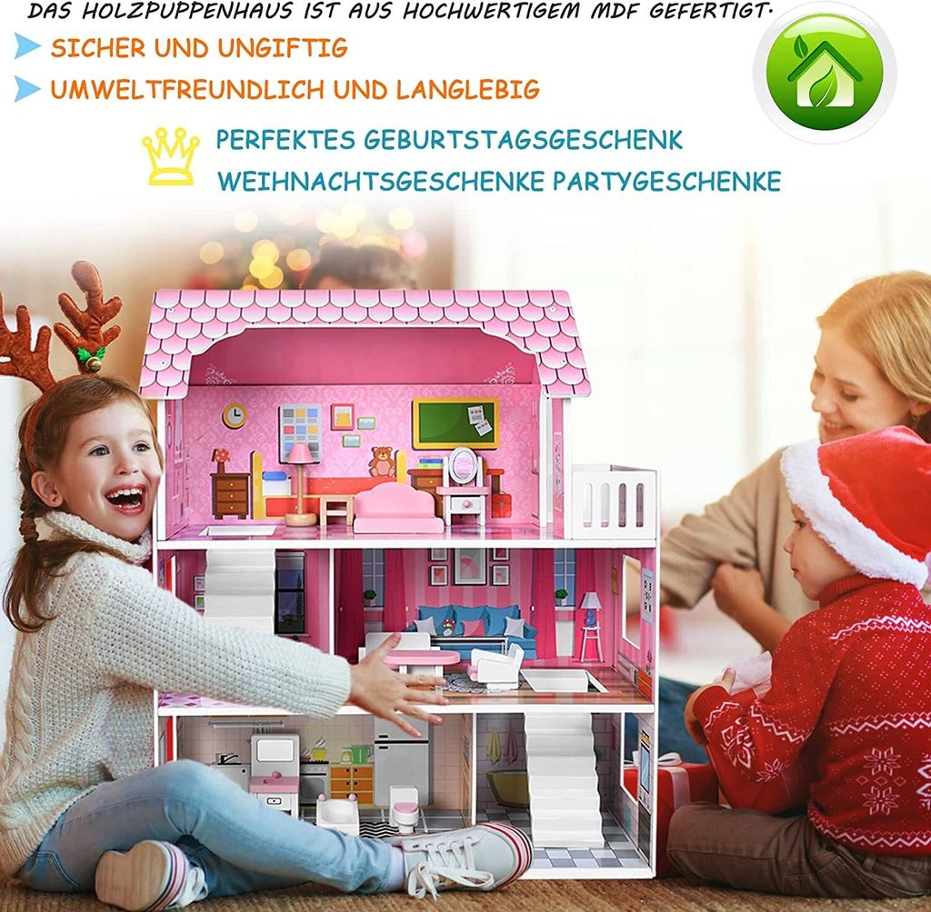 ACXIN Rosa Puppenhaus Holz Große Puppenvilla Mädchen Produktbild 6