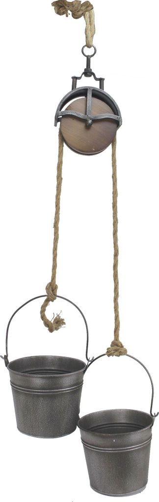Metalleimer mit Umlenkrolle Deko Set Silber Grau MB27 Seil Dekoration Pflanztopf Pflanzen Blumentopf Kübel Seilwinde Wassereimer