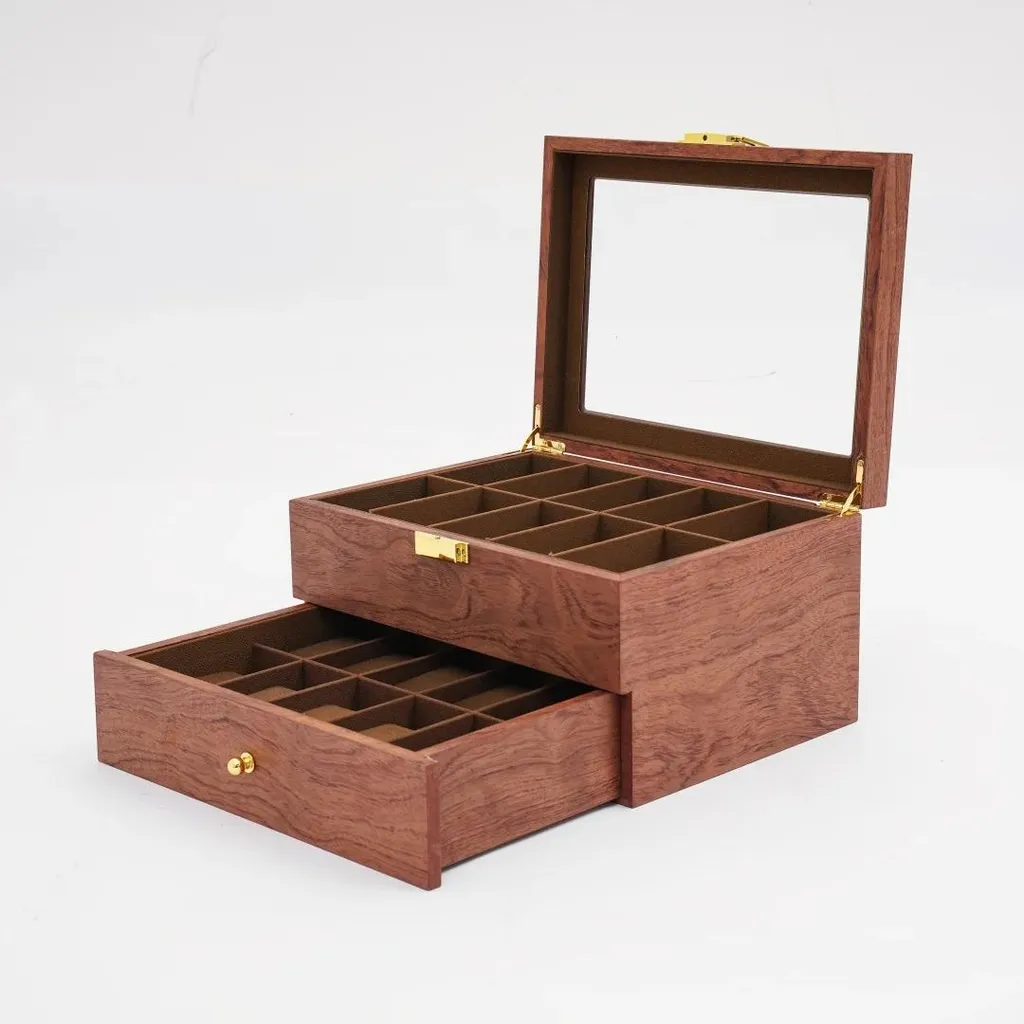 Boîte de rangement 20 montres et bijoux en bois marron avec vitre chic