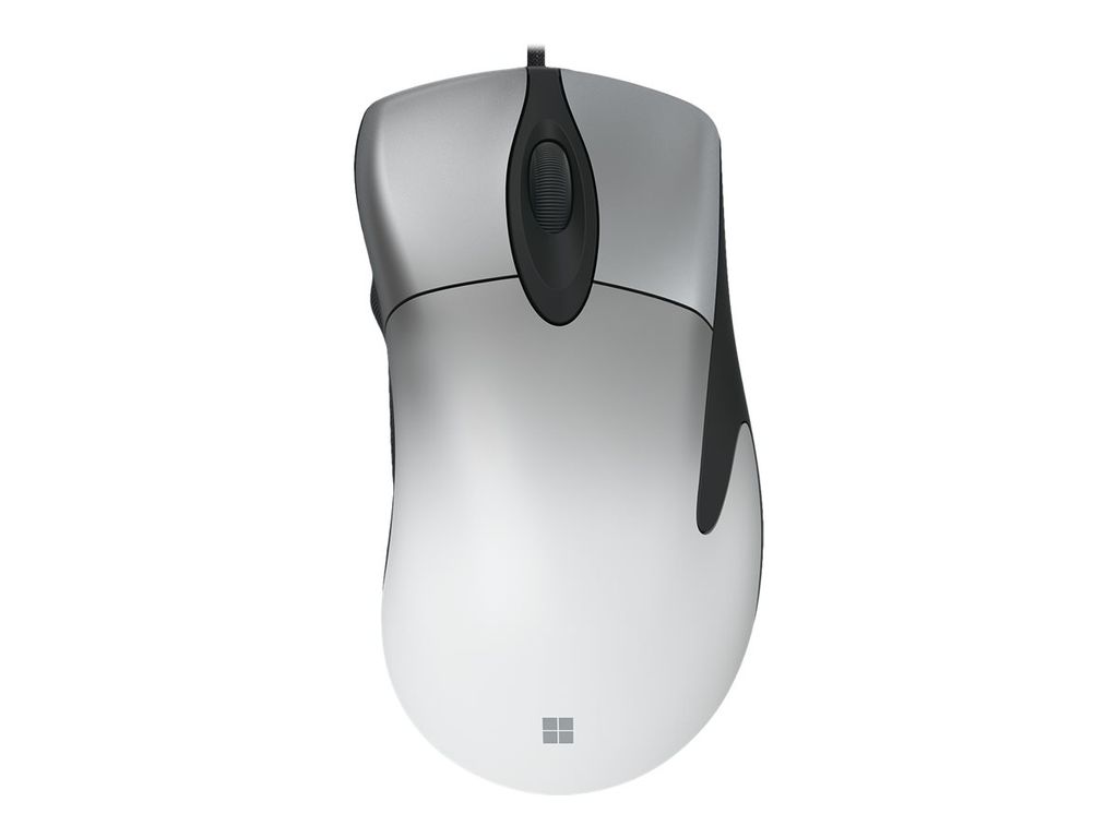 A top-down view of a silver and black computer mouse against a white background.
