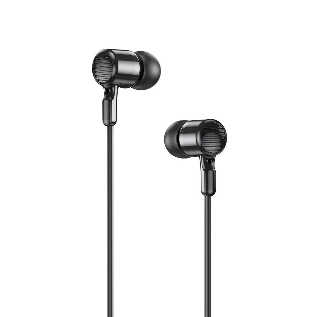 A pair of black wired in-ear headphones against a white background.