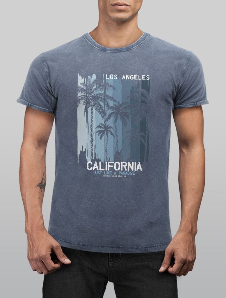 Herren Vintage Shirt Los Angeles California USA Sommer Bedruckt Aufdruck Print Surfing Fashion Streetstyle Used Look Neverless blau S