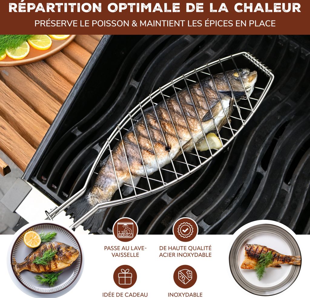 Lot 3 Pinces à Poisson Barbecue Inox Avec Poignée Bois – 62 X 12 Cm Pliable Portable – Argenté + Brosse Huile