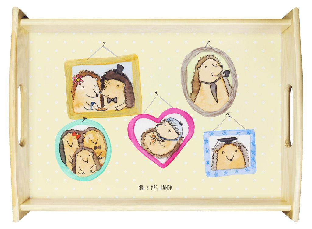 Mr. & Mrs. Panda Servier Tablett Igel Familie - Gelb Pastell - Geschenk, Papa, Bilder, Sofa, sofatablett, Deko, Holztablett, Serviertablett, Mutter...