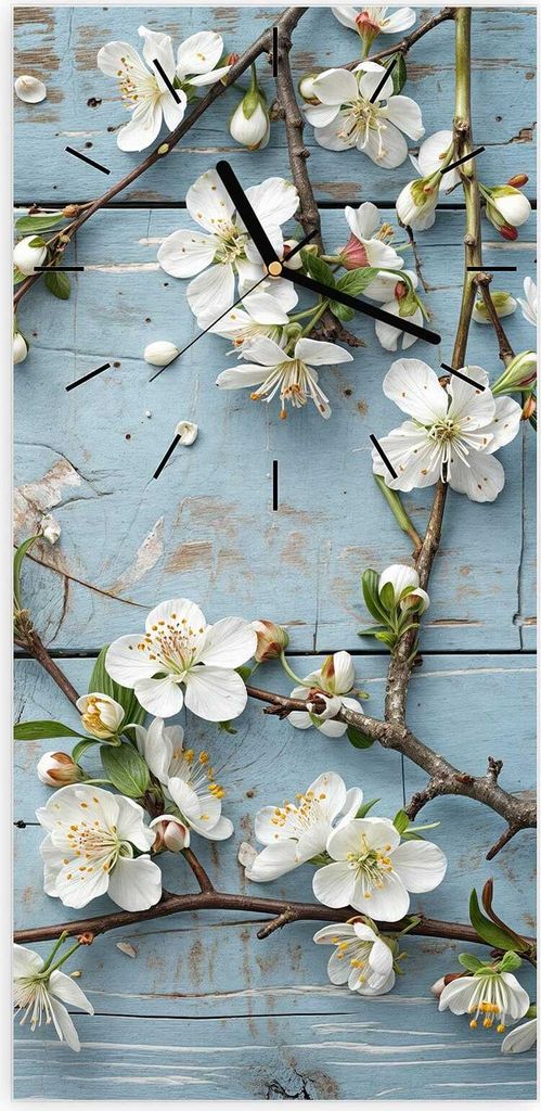 Wanduhr aus Glas mit Motiv Frühlingszweige- 30 x 60 cm - inkl. Aufhängesystem