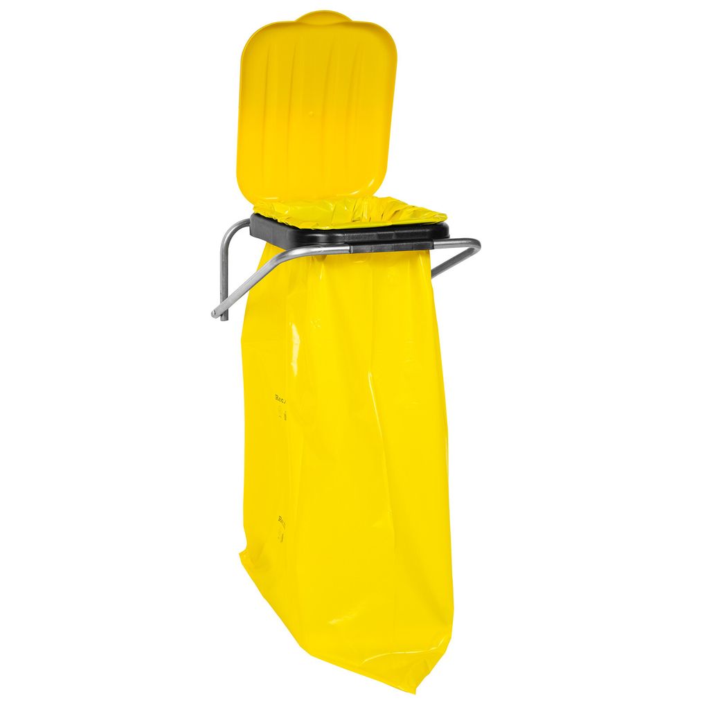 A yellow trash bag holder with an open lid, mounted on a wall.