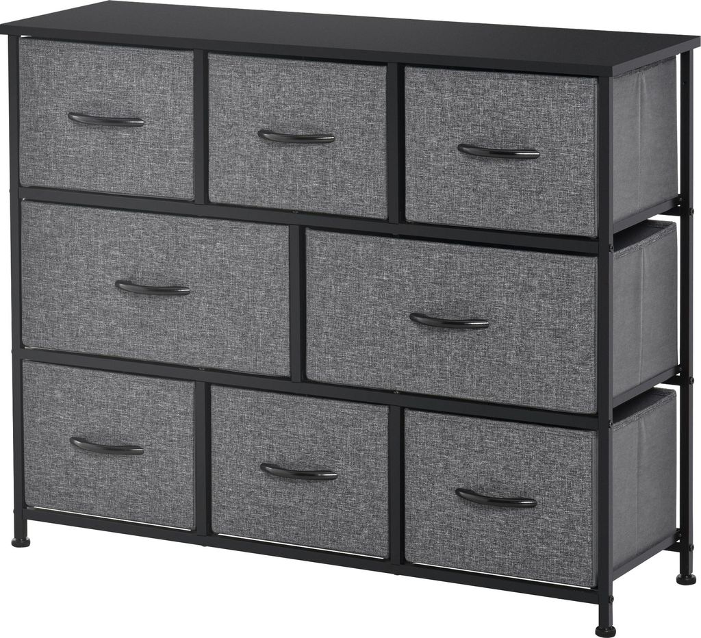 Kommode mit 8 Stoffschubladen, 2 große, 6 kleine, Metallrahmen, Kippschutz, Grau
