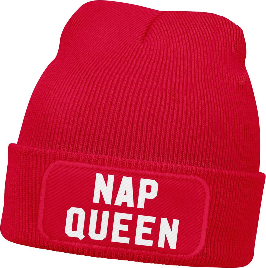 Damen Beanie mit Patch Spruch Nap Queen Statement Strickmütze Aufdruck Lustig Damenmütze Moonworks
