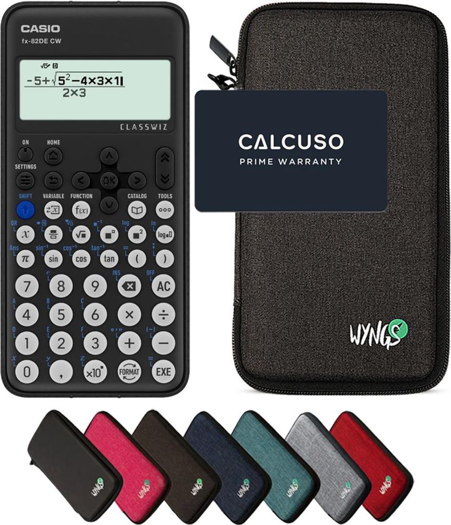 Casio fx-82DE CW ClassWiz inkl. WYNGS Schutztasche Dunkelgrau - Wissenschaftlicher Taschenrechner - Basic Set