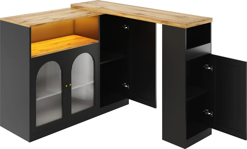 Fortuna Lai Table de bar pivotante 360 avec rangement LED et bois veiné - 7