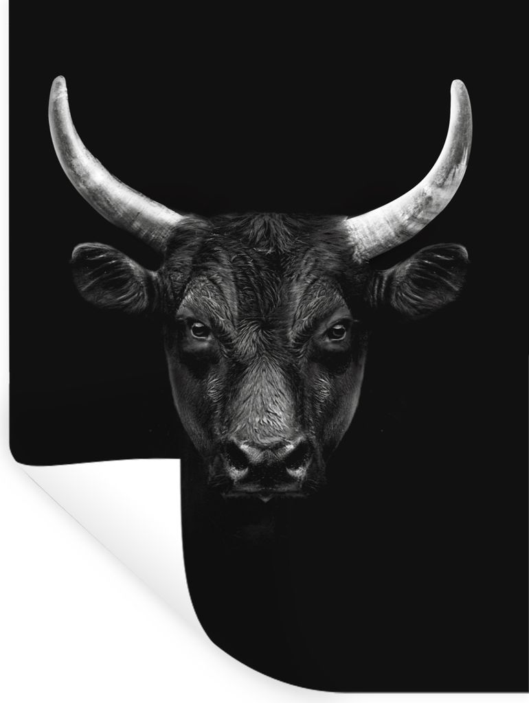 MuchoWow Wandtattoo Wandsticker Wandaufkleber Tiere - Stier - Schwarz - Weiß - Porträt 120x160 cm Selbstklebend und Repositionierbar - Wierderv...