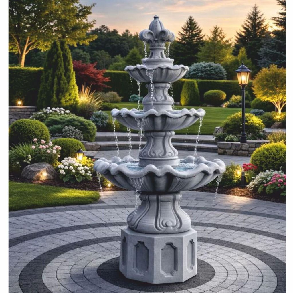 Casa Padrino Barock Springbrunnen Lilie Grau Ø 89 x H. 172 cm - Garten Deko Brunnen