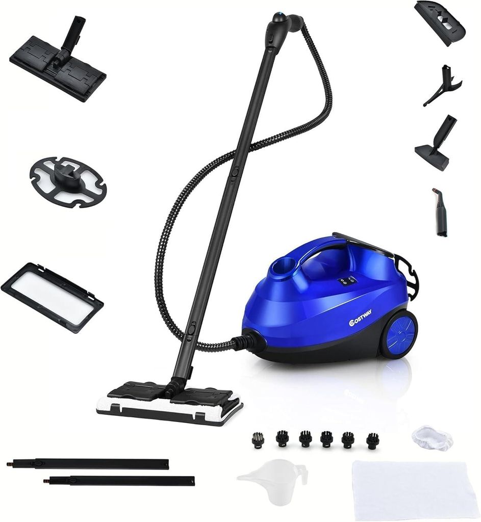A steam cleaner and its various attachments are displayed against a white background.