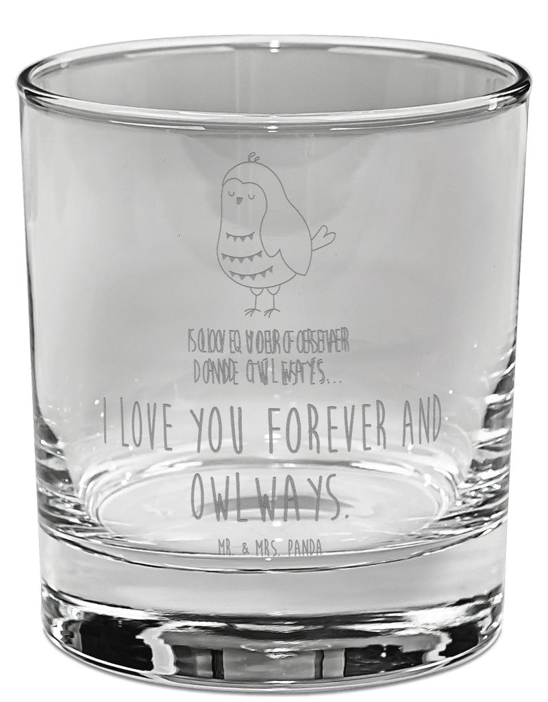 Mr. & Mrs. Panda Whisky Tumbler Eule Zufrieden - Transparent - Geschenk, Gravur Whiskyglas, Glas, Hochzeitstag, Liebesspruch, Owl, Wortspiel, Whisk...