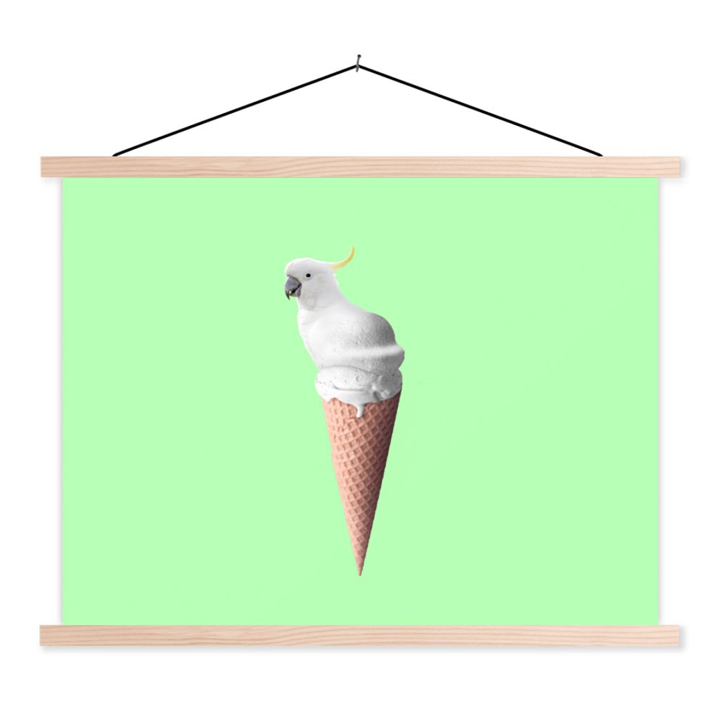MuchoWow Textilposter Papagei - Eistüten - Eiscreme - Weiß - Grün 40x30 cm mit holzfarbenen Rahmen - Bilder