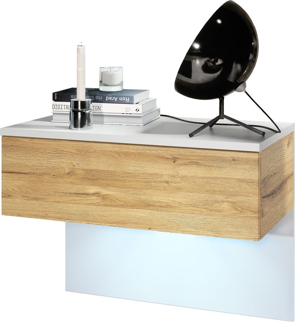 Vladon Nachttisch Sleep, Germany, Nachttischschrank mit Schublade zur Wandmontage, Weiß matt/Eiche Natur, inkl. LED-Beleuchtung (60 x 46 x 35 cm)
