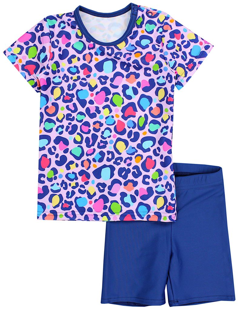 Aquarti Baby Mädchen Zweiteiler Kinder Badeanzug Bade-Set Bade T-Shirt Badehose UV-Schutz, Farbe: Leopardenmuster Rosa Pink Lila Dunkelblau, Grö...