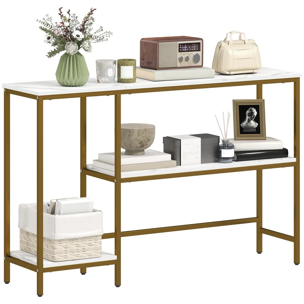 Console 120 cm gain de place : rangement chic blanc et doré marbre