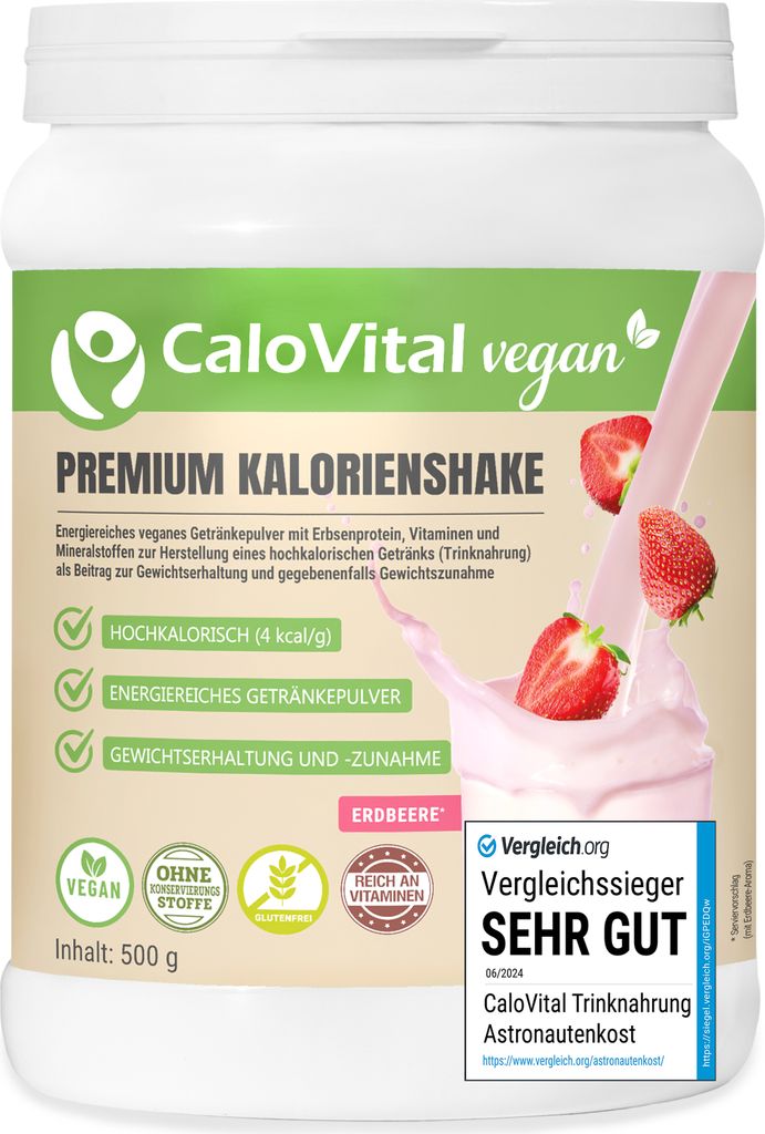 Hochkalorische Trinknahrung Vegan | Kalorien Shake Vegan zum Zunehmen mit Kohlenhydraten & Protein | Trinkmahlzeit Vegan von CaloVital 500g Erdbeere