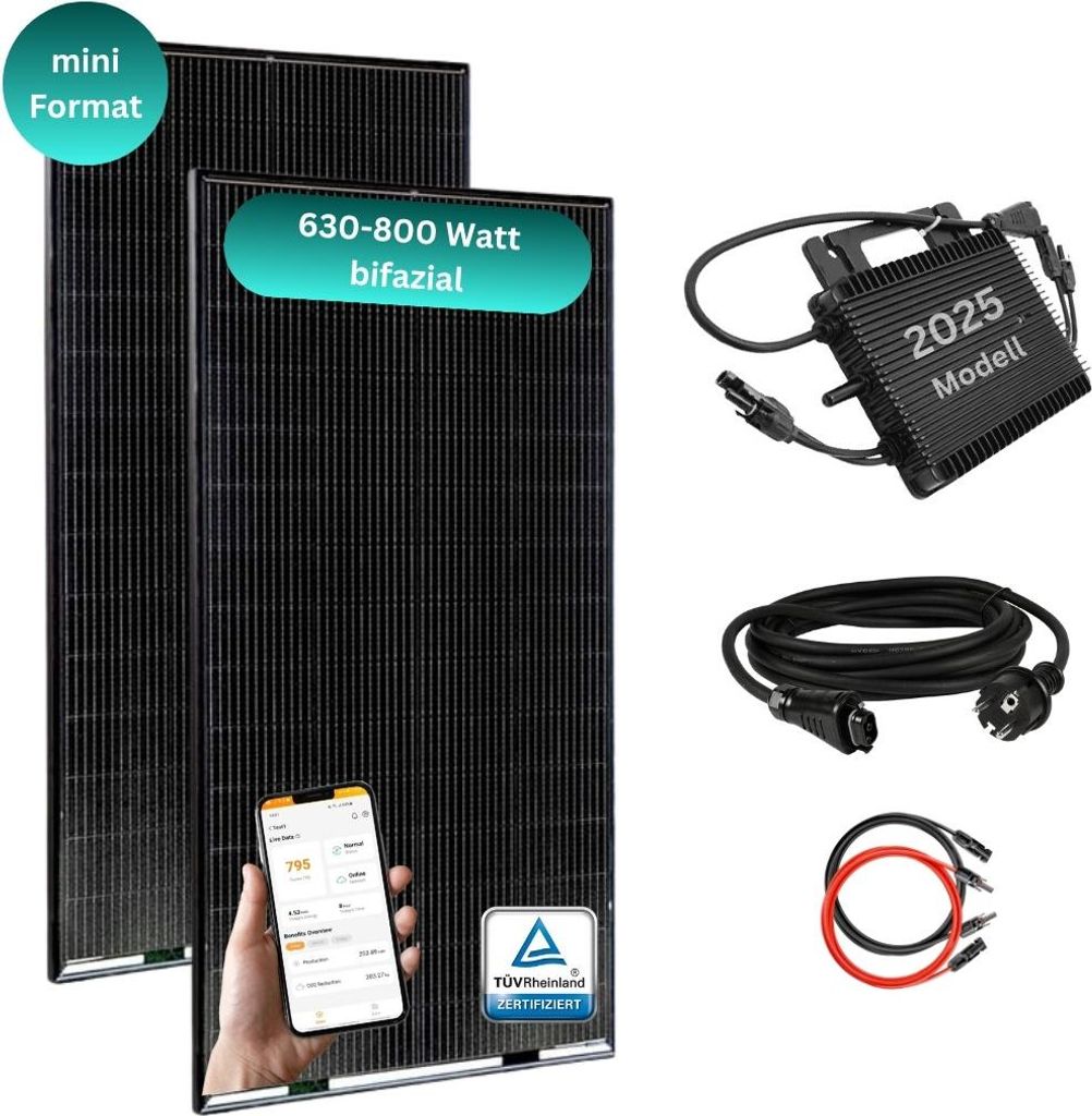 MYVOLTAICS Balkonkraftwerk MyBasic 630+ Watt Mini-Format (1,65m x 0,88m) 2x 315+ Watt Glas-Module, bifazial, WLAN Wechselrichter, Steckerfertig - e...